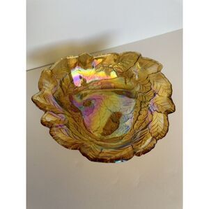Indiana Carnival Glass Loganberry Leaf Amber‎ Marigold Candy Dish Bowl Triangle